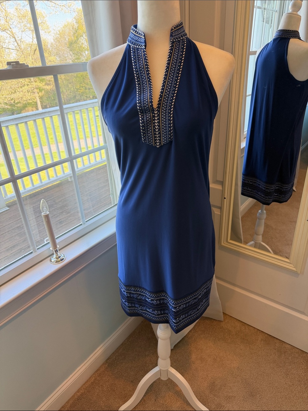 White House Black Market Navy Embroidered Halter Dress